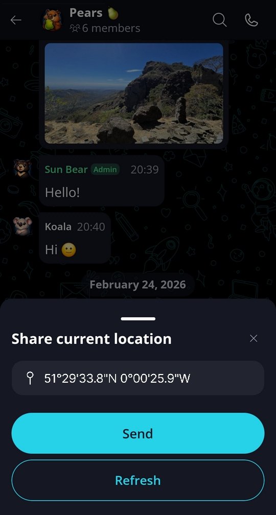 Location Sharing π Tap 'Send' to share it, or 'Refresh' to update the location before sending.